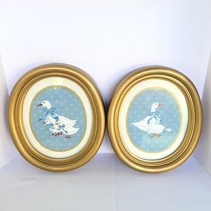 Vintage Country Cottage Charm Gold Framed Geese Printed Picture Lot/Bundle Of 2